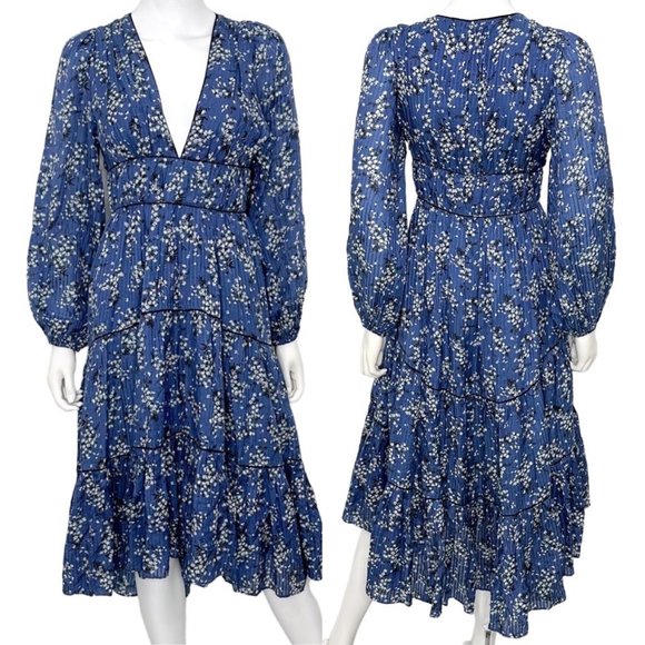 Ulla Johnson Floral Print Joan Gathered Jacquard Midi Dress in Cornflower Blue - Picture 3 of 17